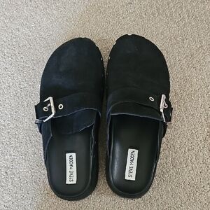 Steve Madden Black Suede Buckle Clog Mules